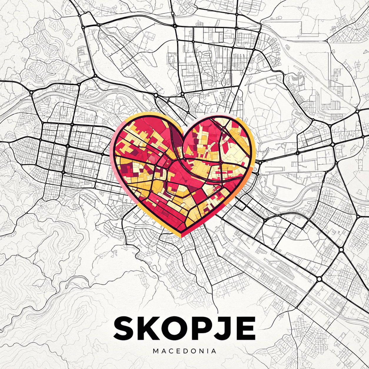 Map of Skopje with a colorful heart and Skopje, Macedonia lettering